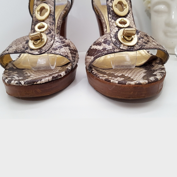 Coach💋Lalo Python T-Strap Open Toe Block Heel Sandals with Gold Accents - Picture 9 of 12